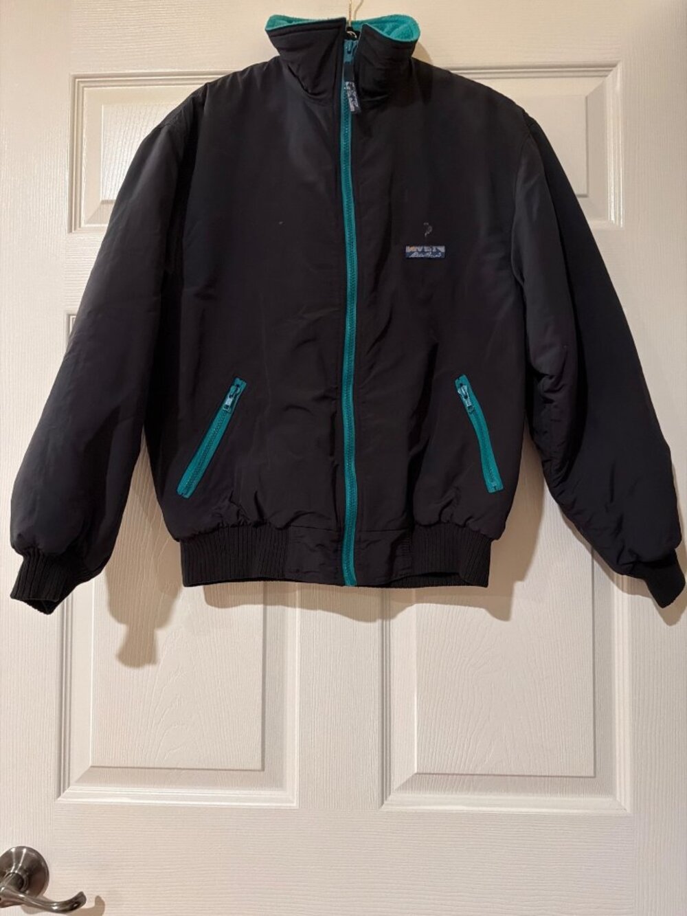 Eddie Bauer Womens M Black Nylon Jacket With Teal Accents & Fleece Lining Made I
